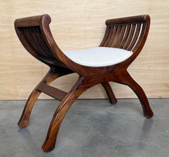Antique Spanish Solid Walnut Curule Stools, Pair, Newly Upholstered, Early 20th