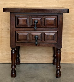Pair of Spanish Solid Walnut Nightstands with Two Drawers and Turned Legs