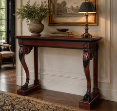 Antique Neoclassical Mahogany Console Table with Carved Paw Feet and Ebonized De