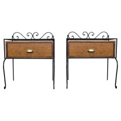 Pair of Vintage Spanish Walnut and Wrought Iron Nightstands with Brass Pulls