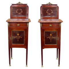 Pair of Antique Spanish Nightstands with Marble Tops, Marquetry and Brass