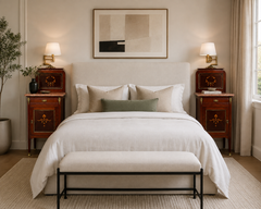 Pair of Antique Spanish Nightstands with Marble Tops, Marquetry and Brass