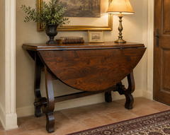 Antique Folding Console Table with Lyre Legs Convertible to Round Dining Table