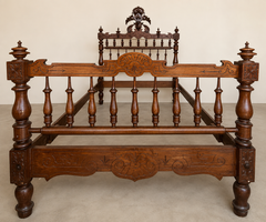 Spanish Carved Wood Queen Size Bed with Turned Spindles and Ornate Crest