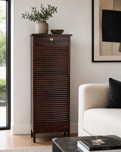 Antique Wooden Tambour Roll-Front Filing Cabinet with Pull-Out Document Trays
