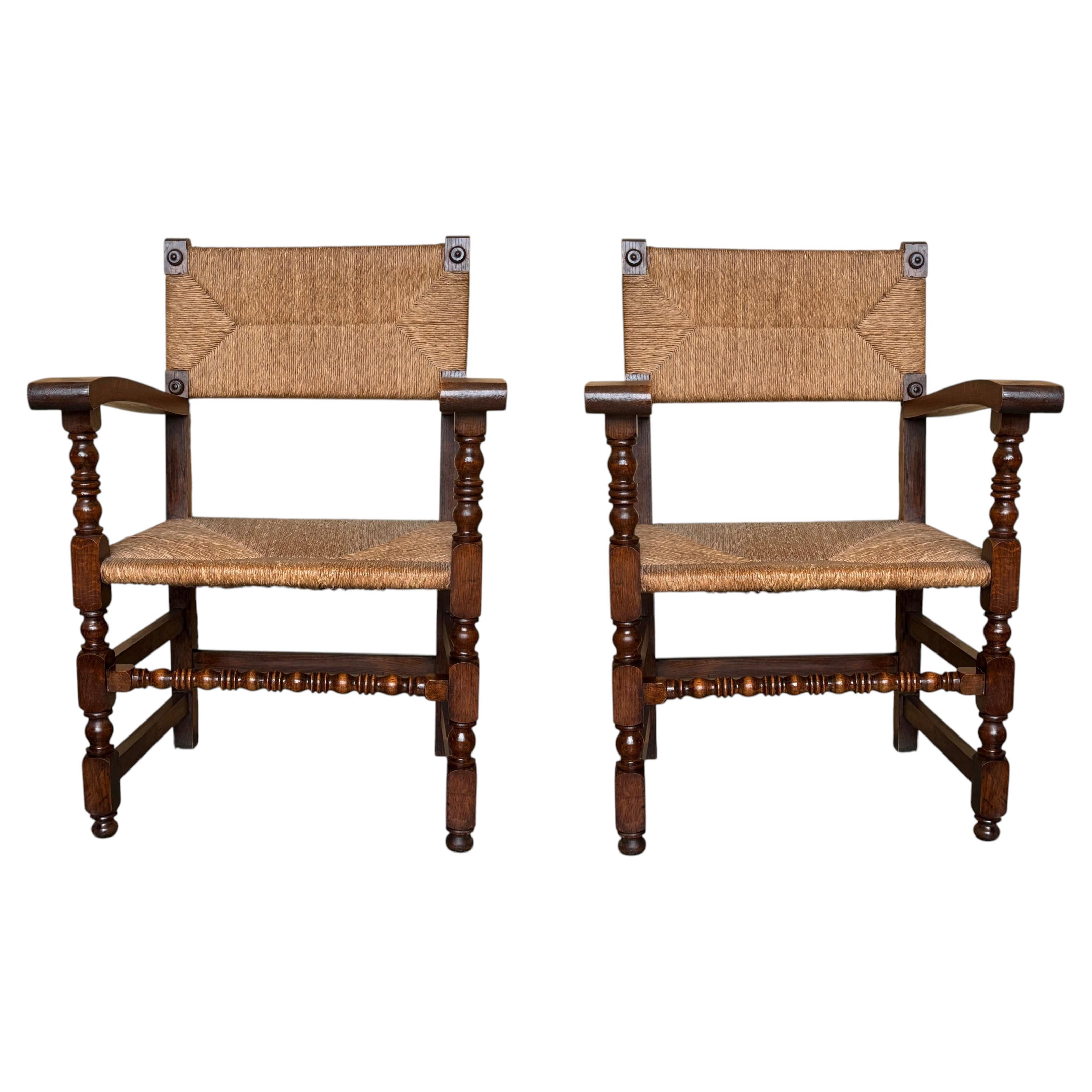 Pair of Vintage Spanish Turned Wood and Handwoven Rush Armchairs