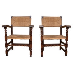 Pair of Vintage Spanish Turned Wood and Handwoven Rush Armchairs