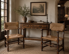 Pair of Vintage Spanish Turned Wood and Handwoven Rush Armchairs