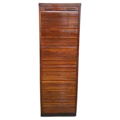 Antique Wooden Tambour Roll-Front Filing Cabinet with Pull-Out Document Trays