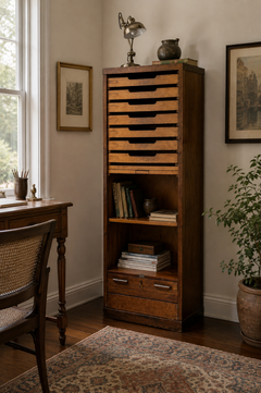 Antique Wooden Tambour Roll-Front Filing Cabinet with Pull-Out Document Trays
