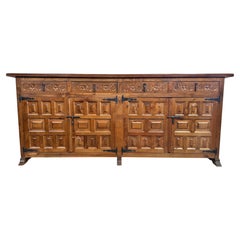 Spanish Rustic Carved Wood Sideboard with Hand-Forged Iron Hardware, 20th