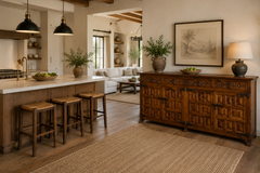 Spanish Rustic Carved Wood Sideboard with Hand-Forged Iron Hardware, 20th