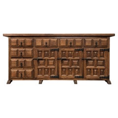 Spanish Rustic Carved Wood Sideboard or Cabinet with Side Drawers and Four Doors