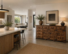 Spanish Rustic Carved Wood Sideboard or Cabinet with Side Drawers and Four Doors