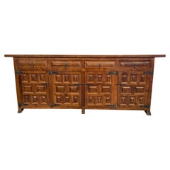 Spanish Rustic Carved Wood Sideboard with Hand-Forged Iron Hardware, 20th
