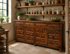 Spanish Rustic Carved Wood Sideboard with Hand-Forged Iron Hardware, 20th