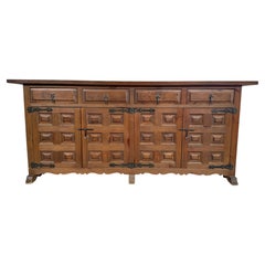 Spanish Rustic Carved Wood Sideboard or Cabinet with Side Handles