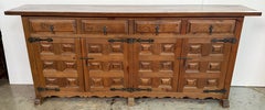 Spanish Rustic Carved Wood Sideboard or Cabinet with Side Handles