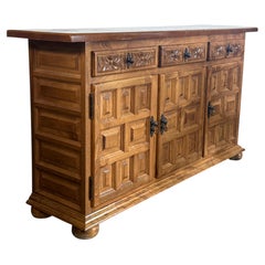 Spanish Rustic Carved Wood Sideboard or Cabinet with Three Drawers and Doors
