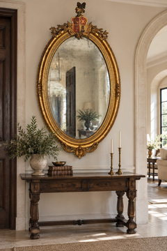 19th Century European Giltwood Oval Heraldic Mirror with Coat of Arms