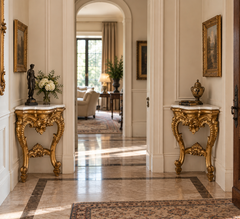 Pair of Antique Rococo Style Giltwood Corner Console Tables with Shaped Marble T
