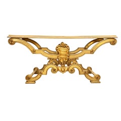 Spanish Giltwood Console Table with Heraldic Shield and Carved Scrollwork