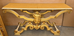 Spanish Giltwood Console Table with Heraldic Shield and Carved Scrollwork