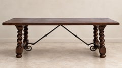 19th Spanish Solid Wood Dining Table with Barley Twist Legs and Iron Stretcher