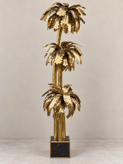 Pair of Hollywood Regency Brass Palm Tree Floor Sculpture with Three-Tier Palm