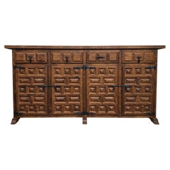 Spanish Rustic Carved Wood Sideboard with Hand-Forged Iron Hardware, 20th