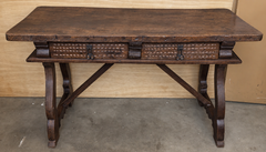Spanish Rustic Two Faces Carved Wood Desk Table with Drawers and Iron Hardware