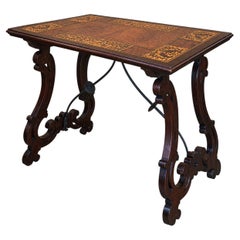 Spanish Marquetry SideTable with Bird Motifs Marquetry and Iron Stretcher