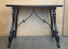 Spanish Marquetry SideTable with Bird Motifs Marquetry and Iron Stretcher