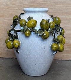 Italian Glazed Ceramic Vases with Sculptural Lemon and Leaf
