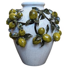 Italian Glazed Ceramic Vases with Sculptural Lemon and Leaf