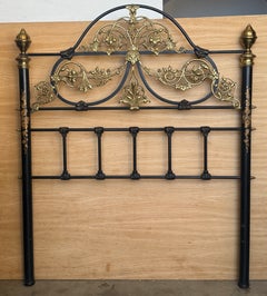 Pair of Antique French Black Iron and Brass Twin Bed Headboards with Ornate Flor