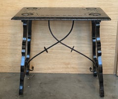 Spanish Ebonized Wood Side Table with Carved Details and Iron Stretcher