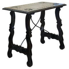 Spanish Ebonized Wood Side Table with Carved Details and Iron Stretcher