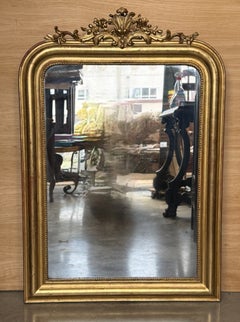 Antique French Louis Philippe Giltwood Mirror with Ornate Floral Crest