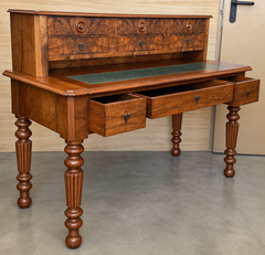 19th Century Figured Walnut Extendable Writing Desk with Green Leather Top