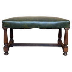 Pair of Antique Spanish Walnut Upholstered Stools with Green Leather Seats