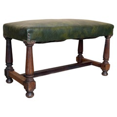 Pair of Antique Spanish Walnut Upholstered Stools with Green Leather Seats