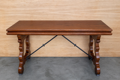 Antique Spanish Solid Wood Trestle Table with Hinged Top and Wrought Iron Detail