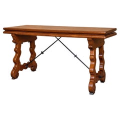 Antique Spanish Solid Wood Trestle Table with Hinged Top and Wrought Iron Detail