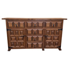 Spanish Rustic Walnut Carved Wood Sideboard with Wrought Iron Hardware