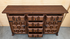 Spanish Rustic Walnut Carved Wood Sideboard with Wrought Iron Hardware