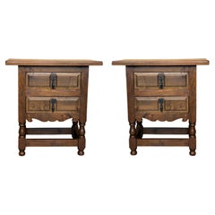 Pair of Spanish Carved Walnut Nightstands with Two Drawers and Iron Hardware