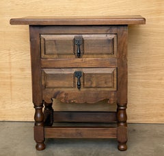 Pair of Spanish Carved Walnut Nightstands with Two Drawers and Iron Hardware