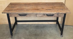 Pine Industrial Work or Desk Table with metal legs, drawers and wheels