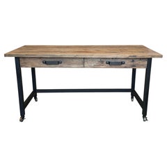 Pine Industrial Work or Desk Table with metal legs, drawers and wheels